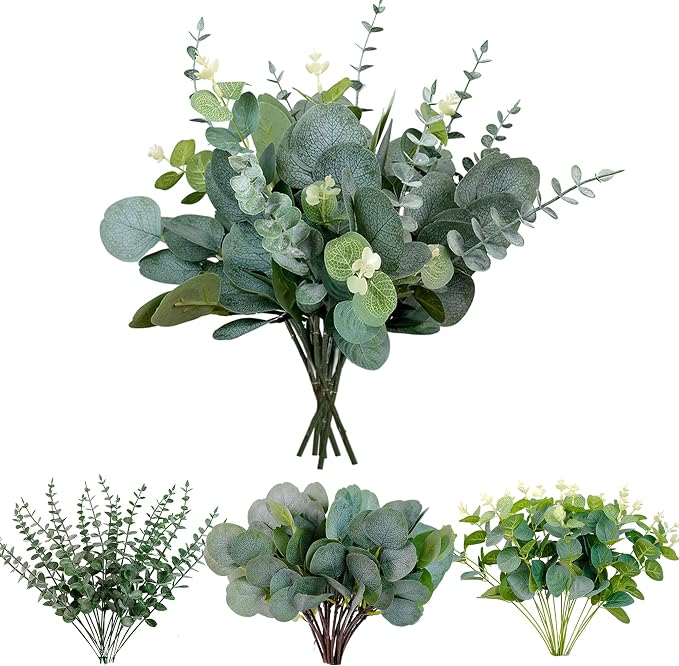 60Pcs 3 Kinds Mixed Eucalyptus Stems Artificial Silver Dollar Eucalyptus Leaves Picks, Seeded Faux Greenery Stems Bulk for Centerpieces Wedding Bouquets Floral Arrangement Home Decor