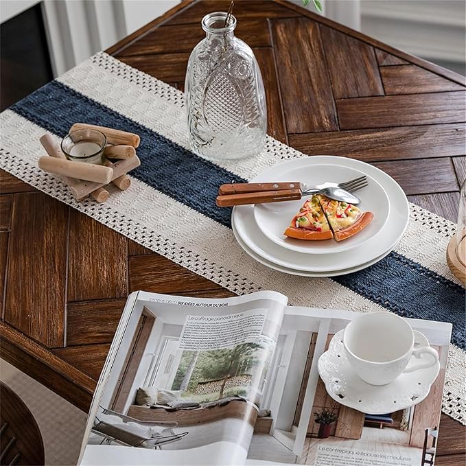 Macrame Table Runner Beige and Blue Boho Table Runners with Tassels 12x36 | Alynsehom Hand Woven Cotton Table Runner Rustic Farmhouse Table Runners for Bohemian Kitchen Dining Table