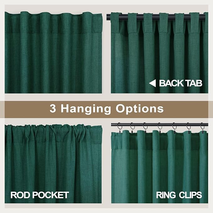 Pitalk Dark Green Curtains 63 Inch Length for Bedroom 2 Panels Back Tab Pocket Lightweight Light Filtering Semi Sheer Linen Hunter Green Curtain for Boys Room Kitchen Olive Forest Decor 52x63