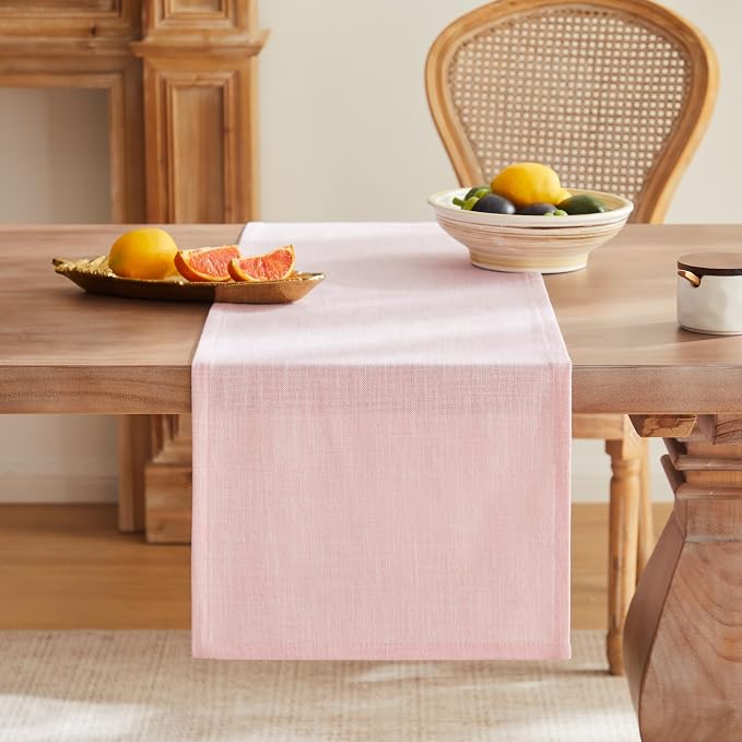 ZeeMart Rustic Cotton Linen Table Runner, 13x36 Inches Pink | Farmhouse Style Linen Table Runners 36 Inches Long, Washable Kitchen Dining Table Decoration for Home Party Decor