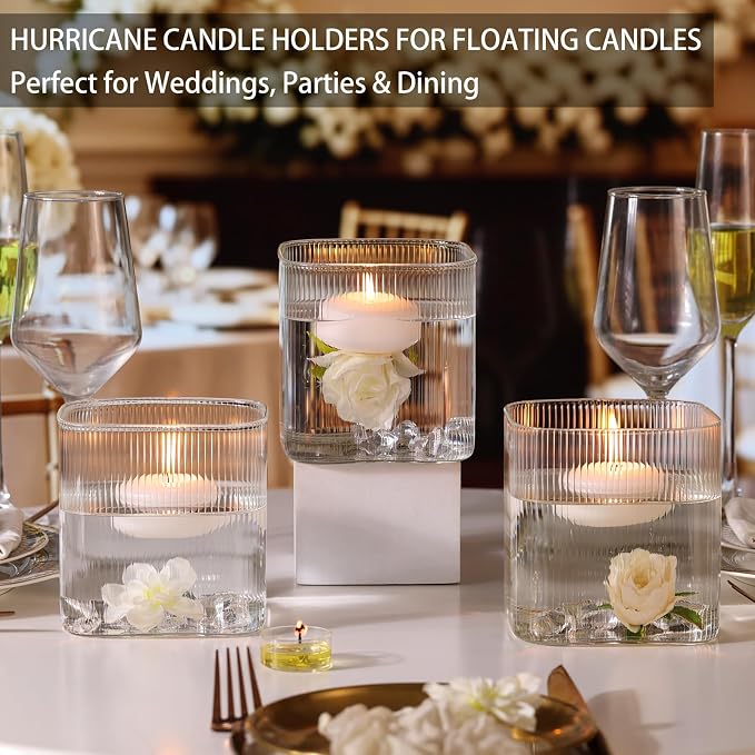 Square Clear Glass Vases Set of 6, 5" x 5" x 5" Flower Vases for Centerpieces, Square Vase for Centerpieces, Small Ribbed Flower Vases for Wedding, Party, Home Office Decoration