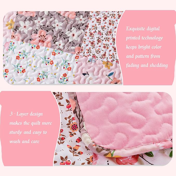 Whale Flotilla Patchwork Quilts Queen Size, Extra Soft Floral Bedspreads | Pink Reversible Lightweight Full Queen Quilt Bedding Set for Bed, Printed Coverlets with 2 Pillow Shams for All Seasons