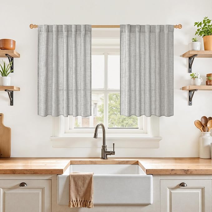YoungsTex Grey Linen Semi Sheer Curtains 36 Inch Length Kitchen Winow Sink | Short Drapes Light Filtering with Rod Pocket Back Tab for Cafe Bathroom Windows, 2 Panels, 42 X 36 Inch