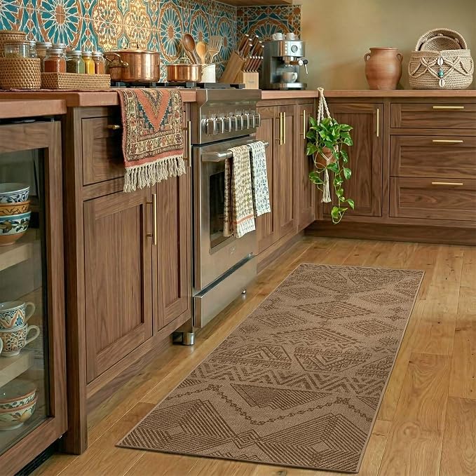 jinchan 2x5 Faux Jute Runner Rug Washable Boho Hallway Rug, Natural Taupe | Southwestern Geometric, Non-Slip Low Pile, Indoor Outdoor, High-Traffic, Kitchen, Bathroom, Laundry, Porch, Balcony, Entryway