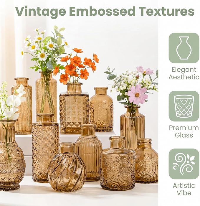 Mini Bud Vases Set of 12 As Wedding Centerpieces for Tables,Clear Bud Vases for Flowers,Small Flower Vases Suitable for Birthday Party,Anniversary,Wedding Reception,Baby Shower (Brown)