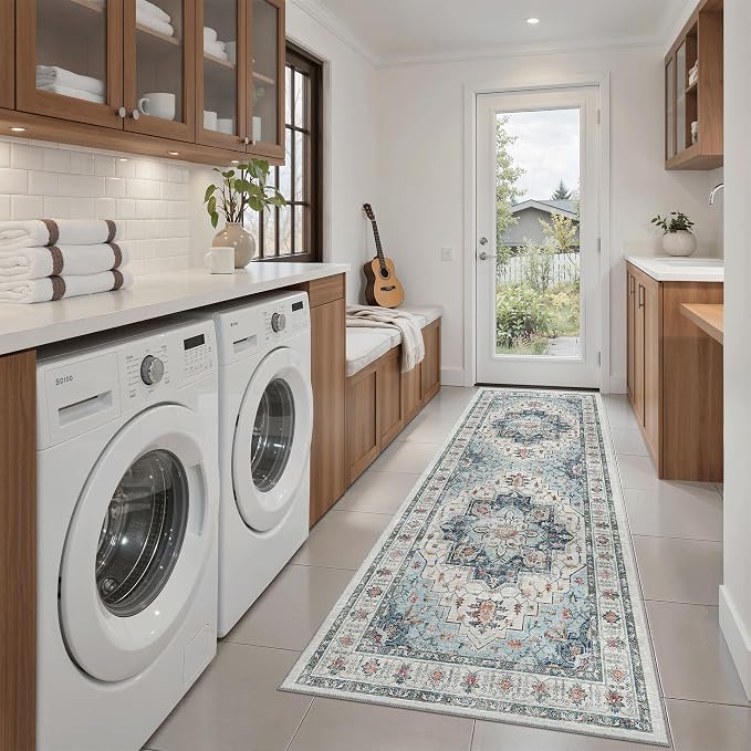 Madane Washable Runner Rug 2x6 Runners for Hallways Non Slip, Blue | Vintage Stain-Resistant 6 Feet Kitchen Rug, Soft Low-Pile Ultra-Thin Floor Carpet Mat for Bathroom Laundry Room Bedroom 2x6ft