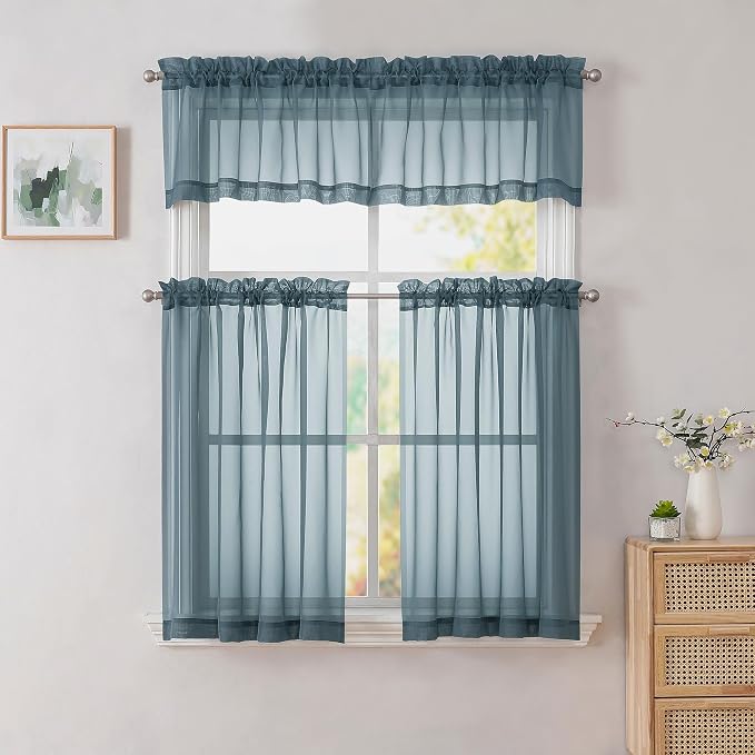 Simplebrand Dusty Blue Valances 14 Inches Long for Living Room Pocket 2 Panel Light Filtering Sheer Translucent Valence Toppers for Short Window Kitchen Bathroom Bedroom 42x14 Inch Length