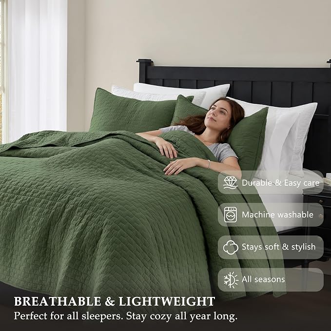 palassio Olive Green 100% Cotton Quilt California Cal King Size Bedding Sets with 2 Pillow Shams, Oversized Lightweight Bedspread Shabby Chic Coverlet, Soft Bed Cover for All Season, 3 Pieces