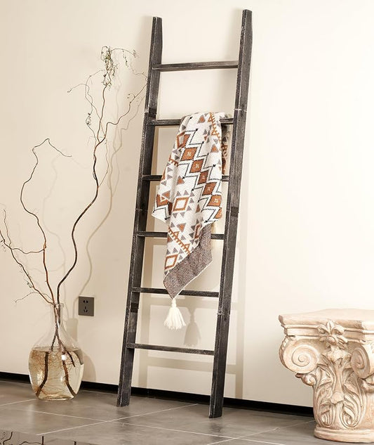 Blanket Ladder 6-Tier Washed Black, Rustic Towel & Quilt Display Rack | rustic black ladder for living room, bedroom or bathroom. Holds quilts, towels & blankets. Sturdy 6-tier wood. Easy assembly