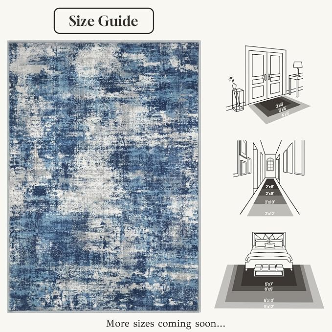 Lansny Abstract Washable 2x10 Runner Rug Runners for Hallways Non Slip | Blue;Thin Printed Faux Wool Entryway Runner Indoor;Hallway Runner Rug;Rubber Backed 10ft Floor Carpet Runners;Bedroom Runners