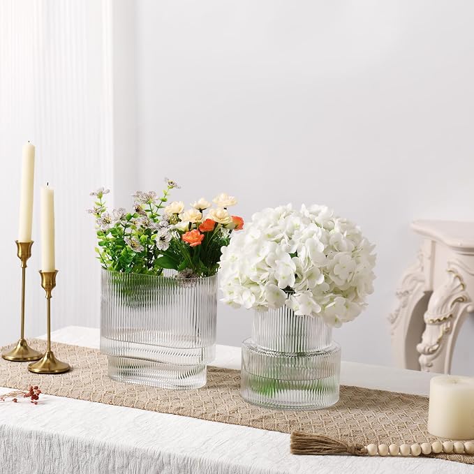 Ribbed Glass Vases, Set of 2 Fluted Vases for Flowers, Clear Vase for Tulips, Modern Glass Vase for Living Room, Dining Table, Office, Entryway, Mantle, Bookshelf, Wedding Gifts