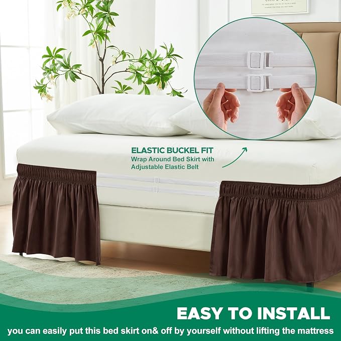 Wrap Around Queen Size Bed Skirt 12 Inch Drop-Elastic Dust Ruffle Brown | Adjustable Pleated Bedskirt-Easy Fit Wrinkle Resistant Washable Hotel Quality Fabric Bed Skirting-Master Guest Bedroom Rental