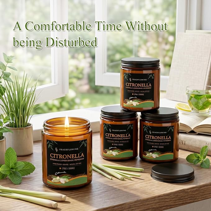 Citronella Candles, Indoor Outdoor Lemongrass Scented Candles，Natural Soy Wax Jar Candle, 100-Hour Burn Time, 7 oz (2 Pack)