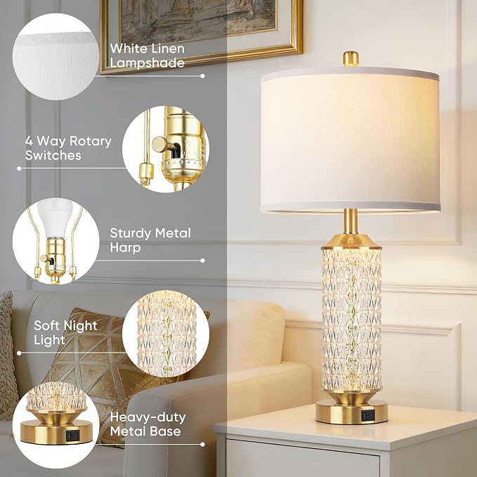 QiMH Glass Table Lamps Set of 2, Modern Gold Beside Lamps for Living Room