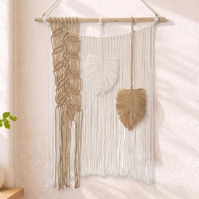 Briful Macrame Wall Hanging with Woven Feather Leaves 15.94" x 21.26"