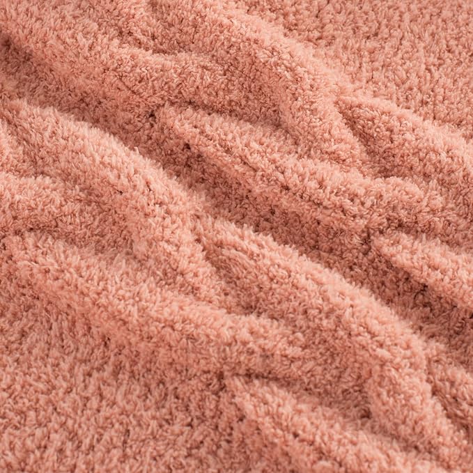 Chunky Knit Blanket Super Soft Cable Fluffy Microfiber Cozy Warm Winter Blankets for Couch Sofa Bed Twin Size 60"X80" Pink