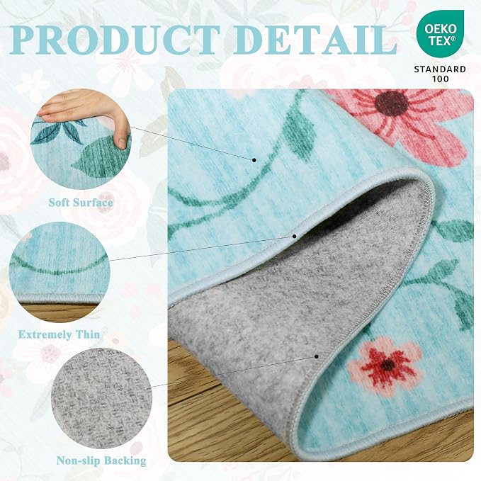 DUKINO 6x9 Area Rugs, Floral Washable Rug for Bedroom Non Slip, Teal | Soft, Low Pile, Large Indoor Rug for Living Room, Dining Room, Kids Room, Office, Pet Friendly, Home Decor, Stain Resistant