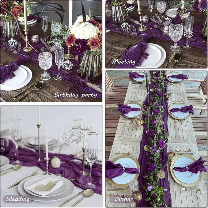 12 Pack Cheesecloth Table Runner 35x72 Inch Boho Gauze Table Runner Rustic Cheese Cloth Long Romantic Table Runners for Wedding Bridal Shower Birthday Party Table Decor (Dark Purple)