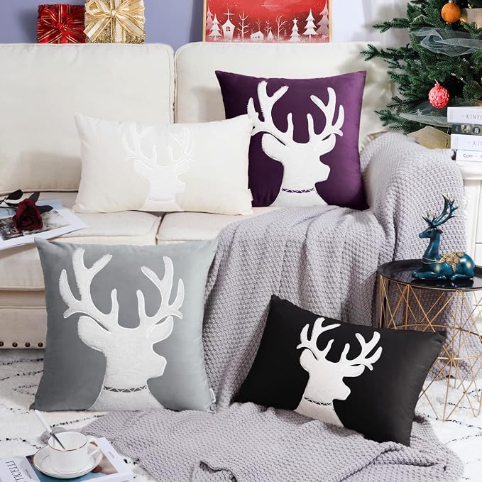 BRAWARM Christmas Pillow Cover 20 X 20 Inches, Purple Reindeer Embroidered Pillow Cover, Soft Velvet Decorative Throw Pillow for Couch Bed Sofa Living Room Home