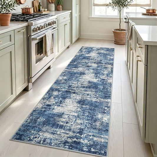 Lansny Abstract Washable 2x8 Runner Rug Runners for Hallways Non Slip | Blue;Thin Printed Faux Wool Entryway Runner Indoor;Hallway Runner Rug;Rubber Backed 8ft Floor Carpet Runners;Bedroom Runners