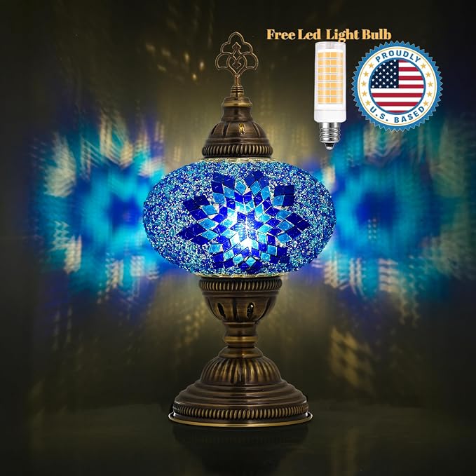 Turkish Lamp, Mosaic Table Lamp, Antique Moroccan Decorative Glass Bohemian Vintage Lamp Shade, Small Desk Tiffany Bedside Stained Glass Lamp with US Plug and E12 Socket