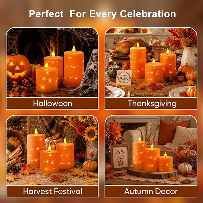 Raycare Orange Battery Operated Flameless Pillar Candle with Remote Timer