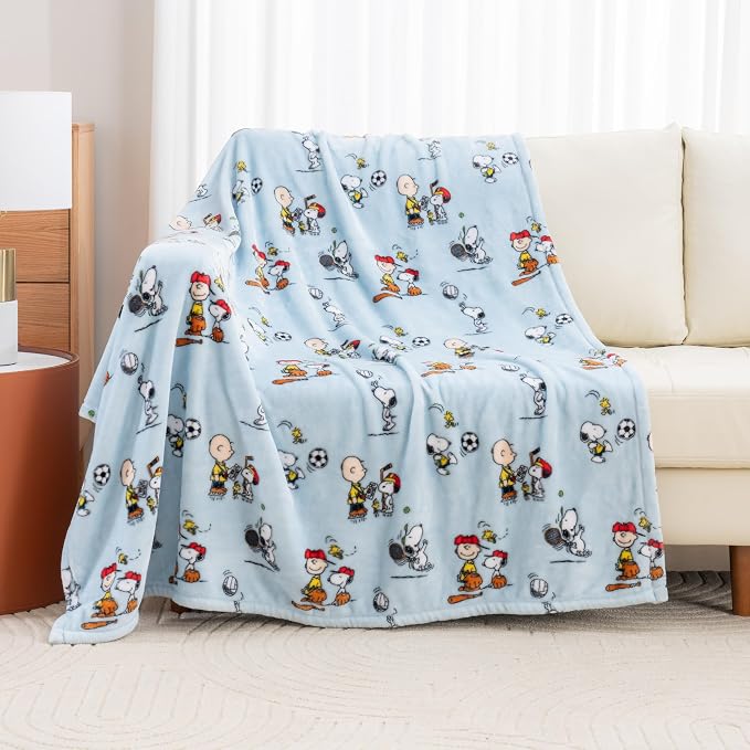 Berkshire Blanket Peanuts® VelvetLoft® Cute Character Snoopy Plush Throw Blanket,Snoopy the Athlete Closed in Blue,Throw 55 in x 70 in (Official Peanuts® Product)