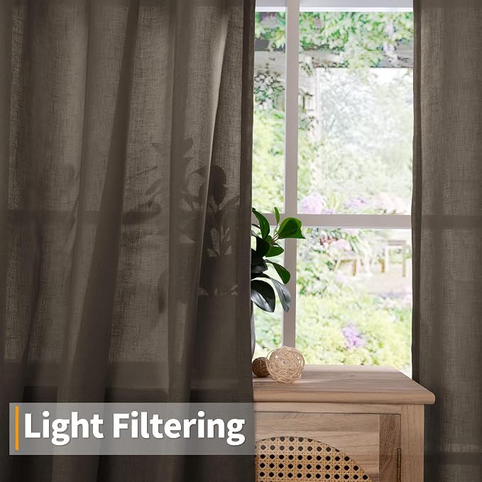 YoungsTex Extra Long Brown Linen Curtains 95 Inch Length for Living Room, Light Filtering Drapes Semi Sheer with Grommet Rustic for Dining Bedroom, 2 Panels, 52 X 95 Inch