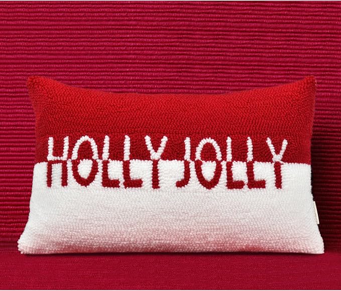 Holly Jolly Christmas Pillow Covers, 12x20, Hooked Wool Embroidered Throw Pillows for Home, Red & White