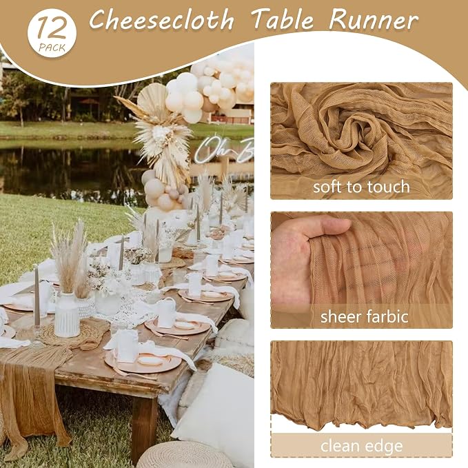 12 Pack Cheesecloth Table Runner 35x72 Inch Boho Gauze Table Runner Rustic Cheese Cloth Long Table Runner Romantic Table Runner for Wedding Bridal Shower Birthday Party Table Decor (Nude)