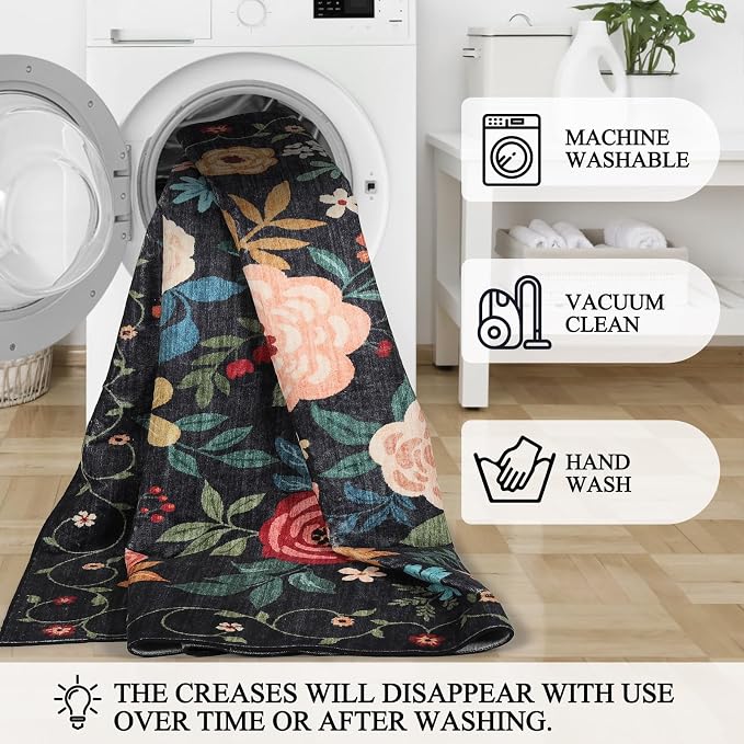DUKINO 3x6 Runner Rug, Non Slip Floral Washable Rug for Kitchen, Black | Low Pile, Non Shedding, Soft Thin Indoor Rug for Hallway, Bedroom, Bathroom, Entryway, Laundry, Pet Friendly, Home Decor