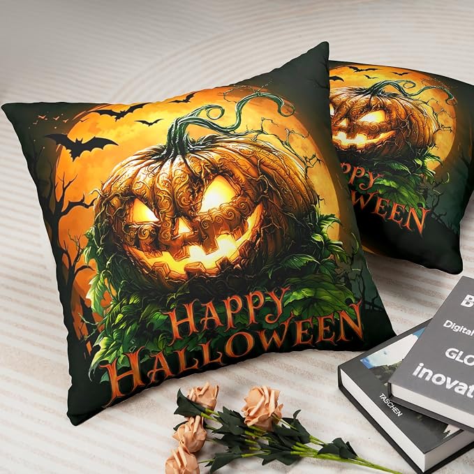 Happy Halloween Pillow Covers Spooky Pumpkin Throw Pillow Covers 18x18 Set of 2 Jack-O'-Lantern Outdoor Pillow Cases Full Moon Bat Cushion Cases for Sofa Couch Patio Porch Garden