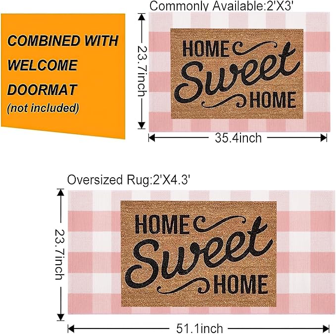Pink and White Outdoor Rug 24''x35'' Buffalo Plaid Porch Mat Cotton Woven Machine Washable Carpet for Layered Doormat Hello/Welcome Door Mat,Kitchen,Farmhouse,Entryway
