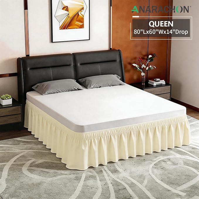 ANARACHON Queen Bed Skirt, Elastic Wrap Around Bed Skirt Queen Size, Bed Skirts for Adjustable Bed, Easy Fit with 14" Drop Length Tailored Drop Dust Ruffle (Light Yellow)
