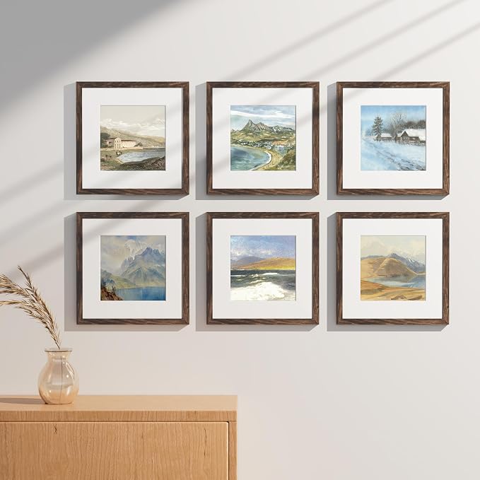 Vittanly 12x12 Picture Frames Set of 9, Shatter Resistant Plexiglass, Display 8x8 Pictures with Mat or 12x12 without Mat, Photo Frames for Wall Mount, Engineered Wood, Brown | Display Pictures 8x8 with Mat or 12x12 without Mat for Wall Mounting, Square...
