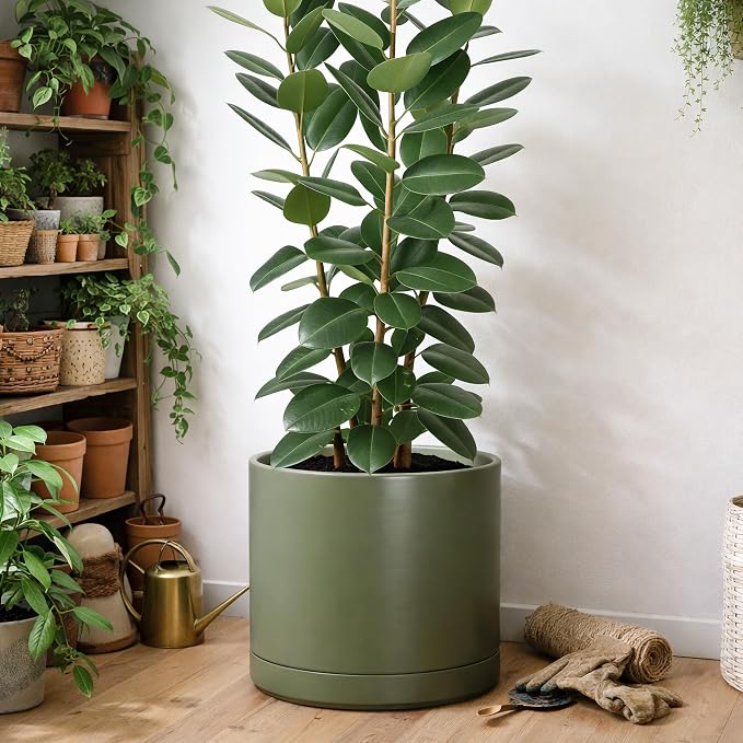 D'vine Dev 16 Inch Ceramic Planter Pot, Olive, 94-O-H-J | Modern Cylinder Design, Drainage Hole & Saucer Included, Stable Structure, Elegant Home Accent