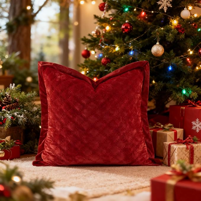Pillow Cover 24x24 1 Piece Velvet Large Euro Sham with Hidden Zipper Wrinkle Resistant Soft Cross Process Decorative Farmhouse Quilted Cushion Covers for Couch Bed,Red