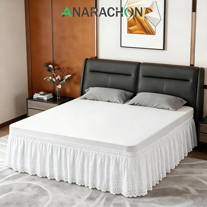 ANARACHON Queen Bed Skirt, Wrap-Around Elastic Ruffled Eyelet Bed Skirt Queen Size Dust Ruffle with Gathered Styling and Embroidered Details, 14" Drop Length (White)