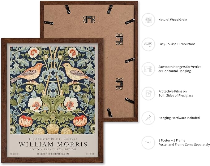 Poster Master William Morris Poster - Strawberry Thief Print - Bird Art - Botanical Art - Flower Artwork - Exhibition Creation - Animal Piece - Floral Illustration - Office or Bedroom Wall Decor - 11x14 Brown Framed
