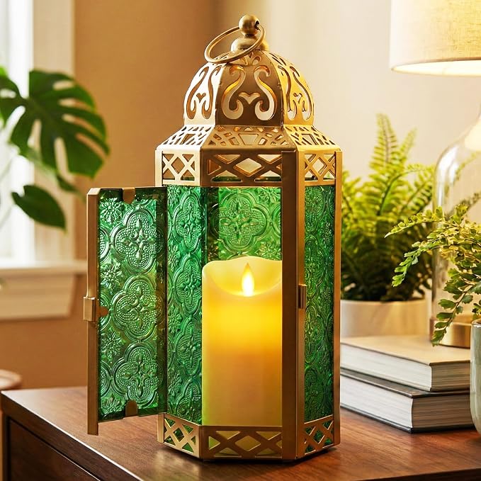 Vela Lanterns Decorative Indoor Moroccan Candle Holder, Gold Green, M | Ramadan Decorations for Home, Green Candle Lantern, Diwali Eid Table Centerpiece, Hanging Tealight Votive Pillar, 10.5in