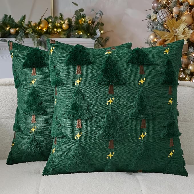 Kevin Textile Christmas Tree Pillow Covers 18x18 Inch Set of 2 Twinkle Golden Star Embroidery Soft Plush Faux Fur Throw Pillowcases for Couch Sofa Holiday Festivals Winter Xmas Gift, Dark Green