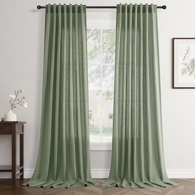 Jowels Light Sage Green Linen Curtains 96 Inch 2 Panels for Living Room | Light Filtering Semi Sheer Curtain, Back Tab Pocket Pleated Look, Boho Farmhouse Textured Privacy Drapes for Bedroom Window