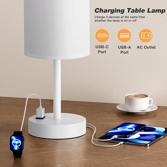 Fenmzee 17.4" White Lamp for Bedroom - Dimmable Touch, USB A+C, AC Outlet