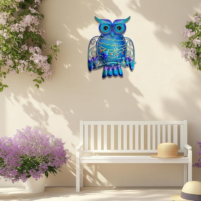 LIFFY Metal Owl Wall Decor - Cute Colorful Outdoor Wall Art - Glass Hanging Garden Decor for Patio, Porch or Door, Owl Gifts for Women