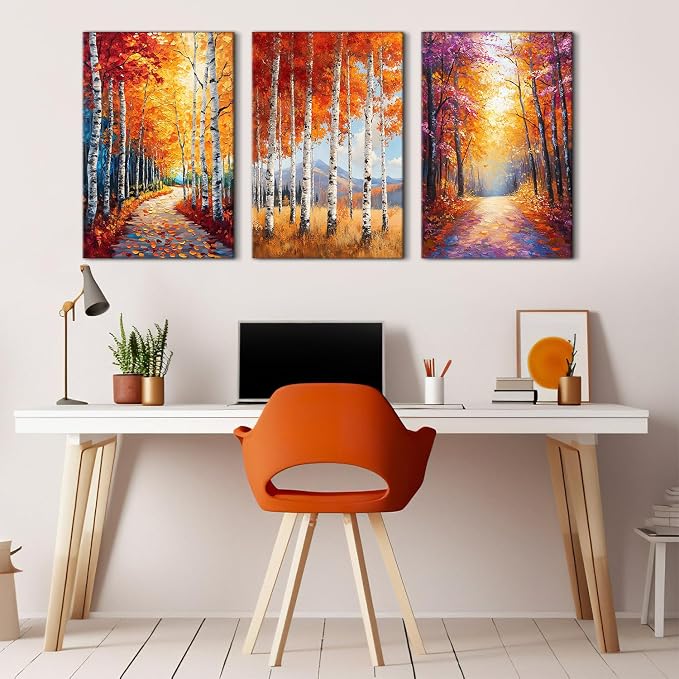 Mystery Forest Wall Art for Bathroom Decor Fall Forest Pictures Wall Decor Orange Yellow Woodland Painting Nature Wilderness Canvas Pictures Artwork for Bedroom Living Room Home Decoration 16x24" 3Pcs