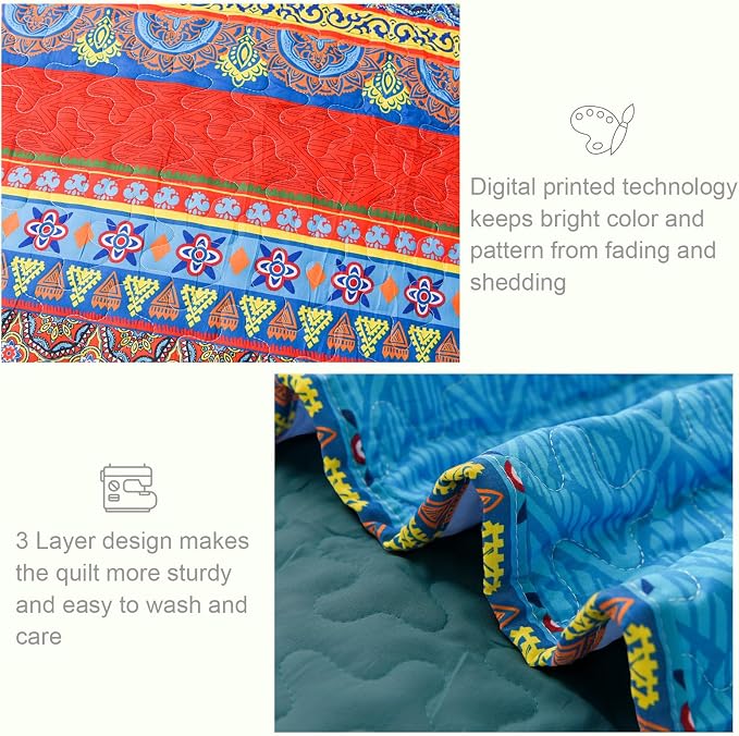Exclusivo Mezcla Reversible Boho Quilts Queen Size Blue | Lightweight Soft Bedspreads, All Season Bohemian Coverlet Bedding Set, Printed Floral Pattern, 1 Quilt and 2 Pillow Shams