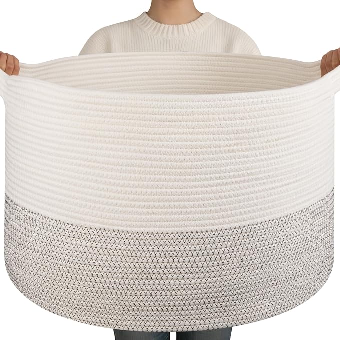 OIAHOMY 90L XXXLarge Blanket Basket for Living Room, 21.7" x 13.8" Woven Cotton Rope Laundry Basket for Organizing Pillows, Decorative Stuffed Animal Toy Storage for Nursery, Black and White