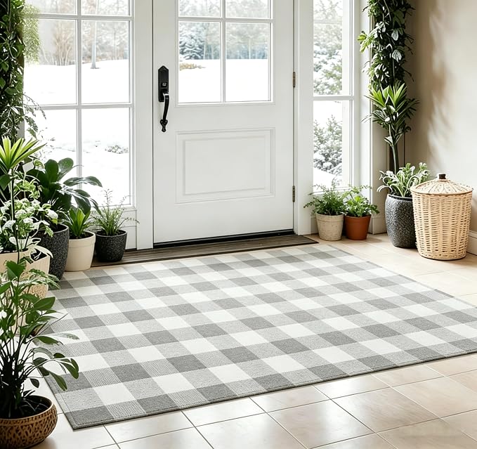 Buffalo Plaid Outdoor Rug 4x6 Ft Gray and White Checkered Area Rug Washable Indoor Outdoor Rugs for Entryway,Hallway, Kitchen, Living Room, Dining Room, Bedroom