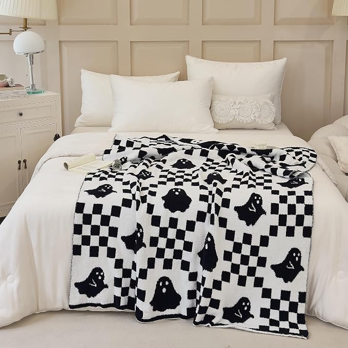 Ultra Soft Cozy Checkered Ghost Halloween Knitted Baby Blanket Fluffy Microfiber Checkerboard Bed Blanket Lightweight Both Sides t for Couch Sofa Bed 30"X40"Black