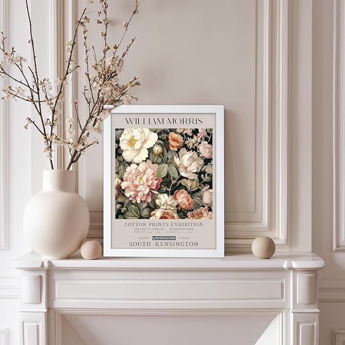 Poster Master William Morris Poster - Pink Peonies Print - Flower Art - Botanical Art - Exhibition Illustration - Textile Pattern Illustration - Floral Illustration - Aesthetic Office or Bedroom Decor - 11x14 White Framed